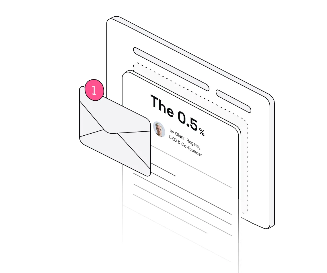 Illustration of a digital newsletter titled 'The 0.5%' by Glenn, with an envelope and a notification showing one new message.