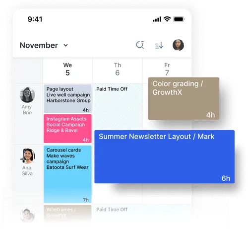 Mobile calendar app showing tasks and time blocks for three users on November 5, 6, and 7, including campaigns and paid time off.
