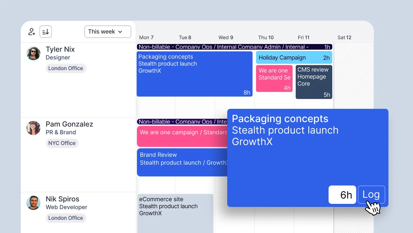 A visualization of Float’s Schedule and integrated time tracking.
