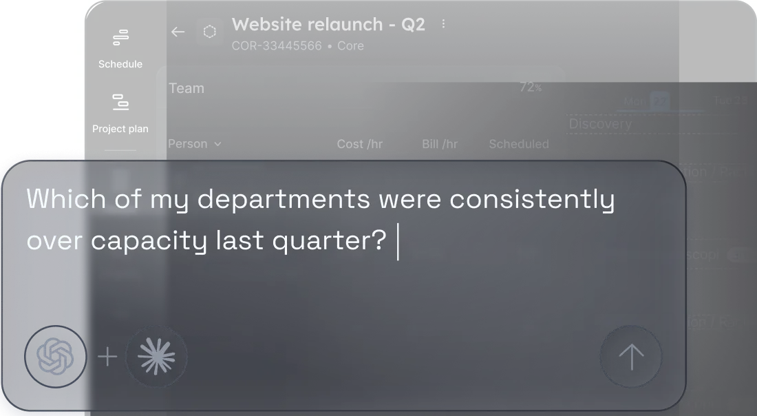 Chat interface with the user input asking, 'Which of my departments were consistently over capacity last quarter?' over a blurred project management dashboard titled 'Website relaunch - Q2'.