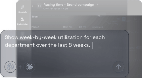 Screen showing a text input asking to show week-by-week utilization for each department over the last 8 weeks as part of a Racing time brand campaign project management interface.