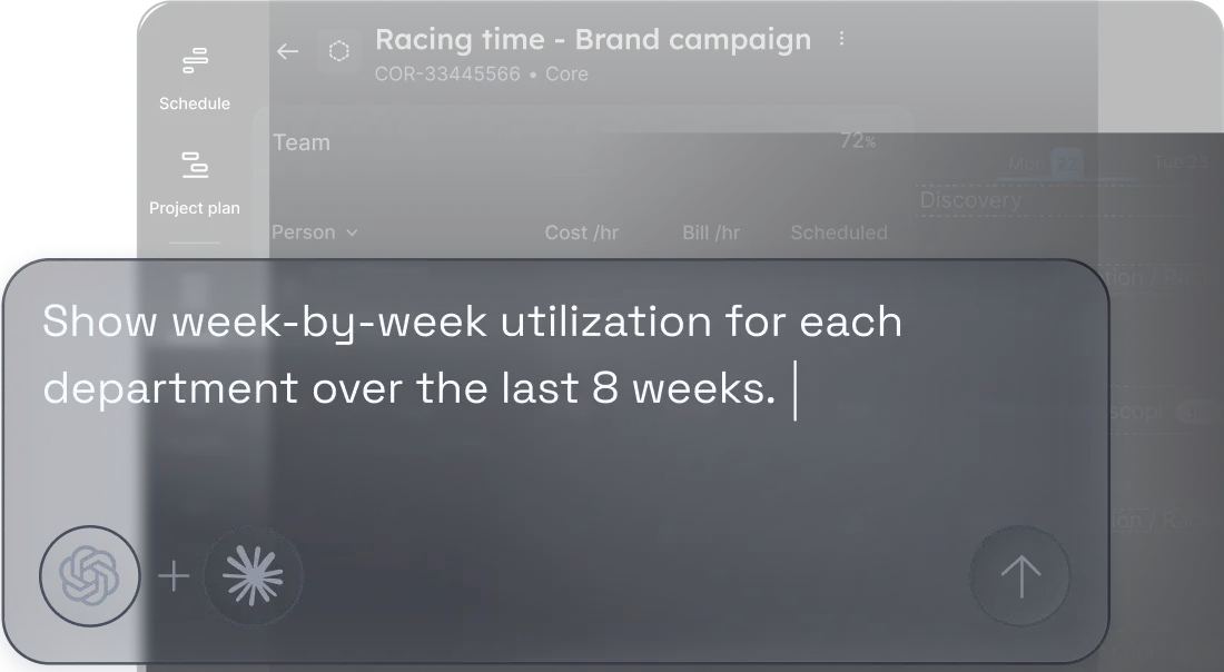 Screen showing a text input asking to show week-by-week utilization for each department over the last 8 weeks as part of a Racing time brand campaign project management interface.