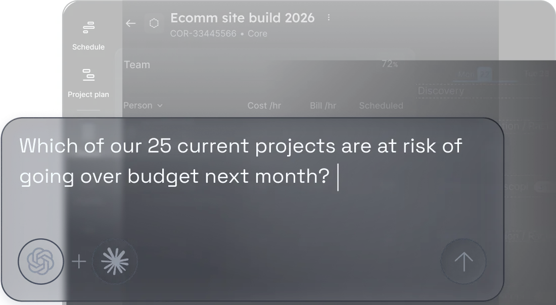 Chat interface displaying a query asking which of the 25 current projects are at risk of going over budget next month, with a background showing a project plan named 'Ecomm site build 2026'.