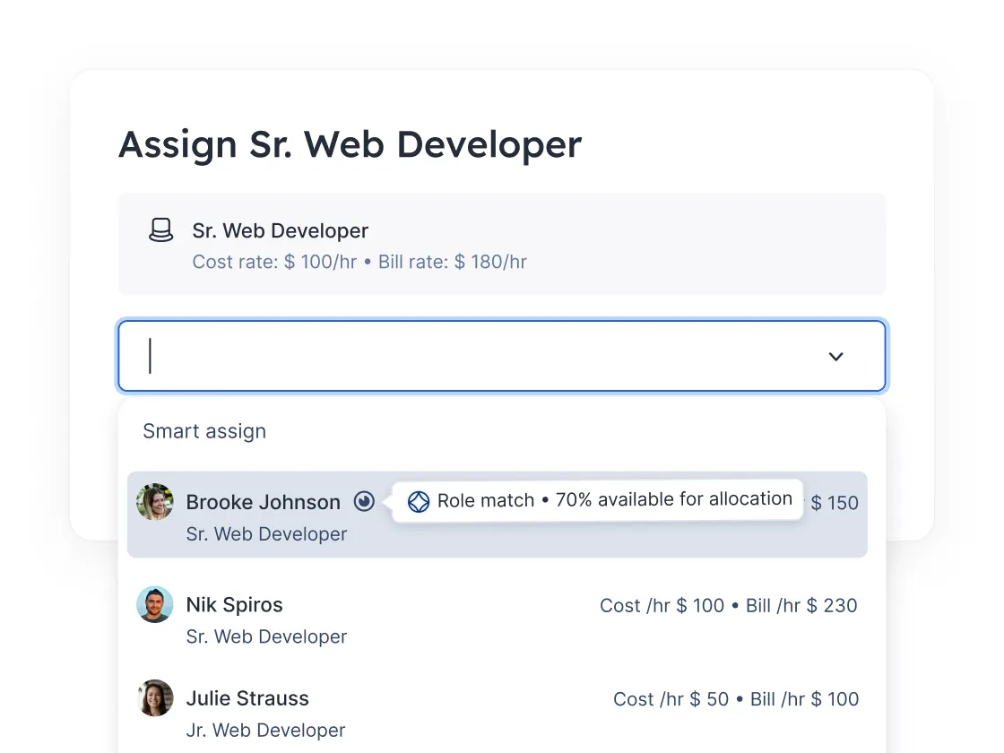 UI screen for assigning a Sr. Web Developer role with cost and bill rates, showing a dropdown list with candidates Brooke Johnson, Nik Spiros, and Tyler Nix and their respective roles and rates.