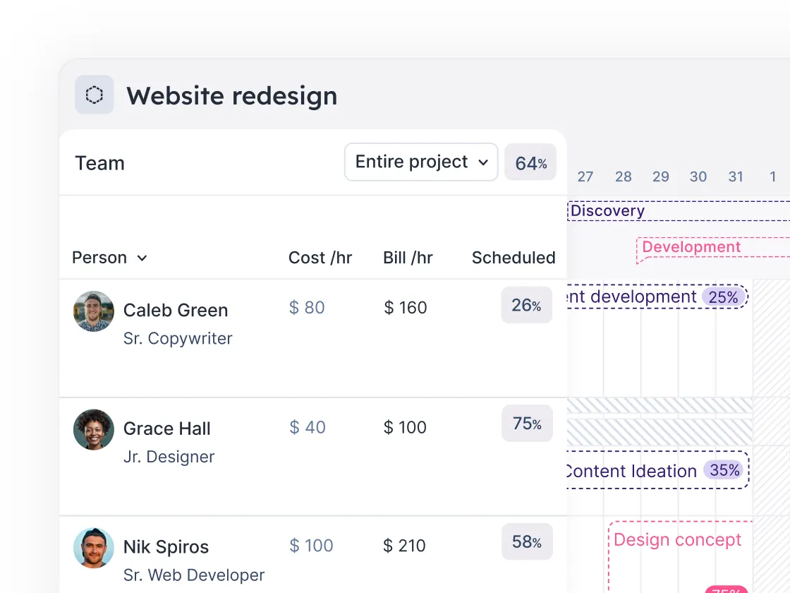 Project dashboard showing team members Caleb Green, Grace Hall, and Nik Spiros with respective hourly cost, billing rate, and scheduled percentages for website redesign tasks.