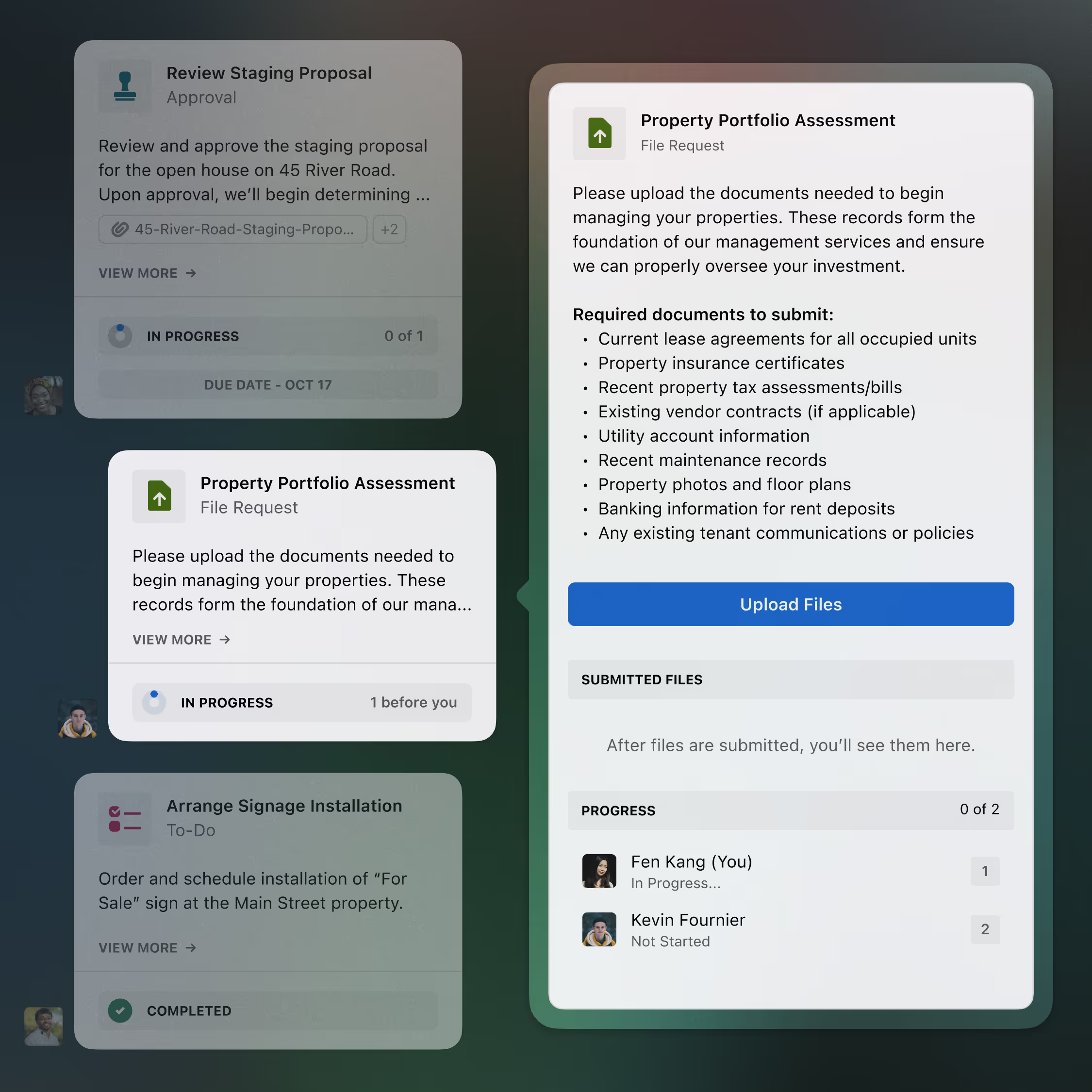 Three action items as they would appear in the chat feed, with one expanded to show full details.