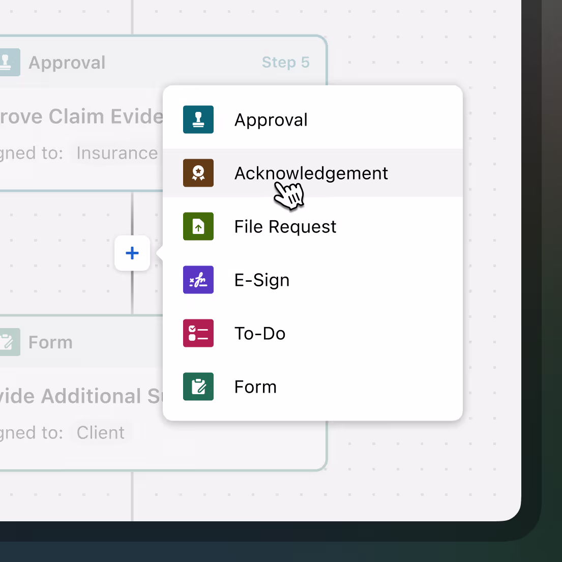 Popover menu for choosing the type of action step to add, accessed from a plus button located between action steps.