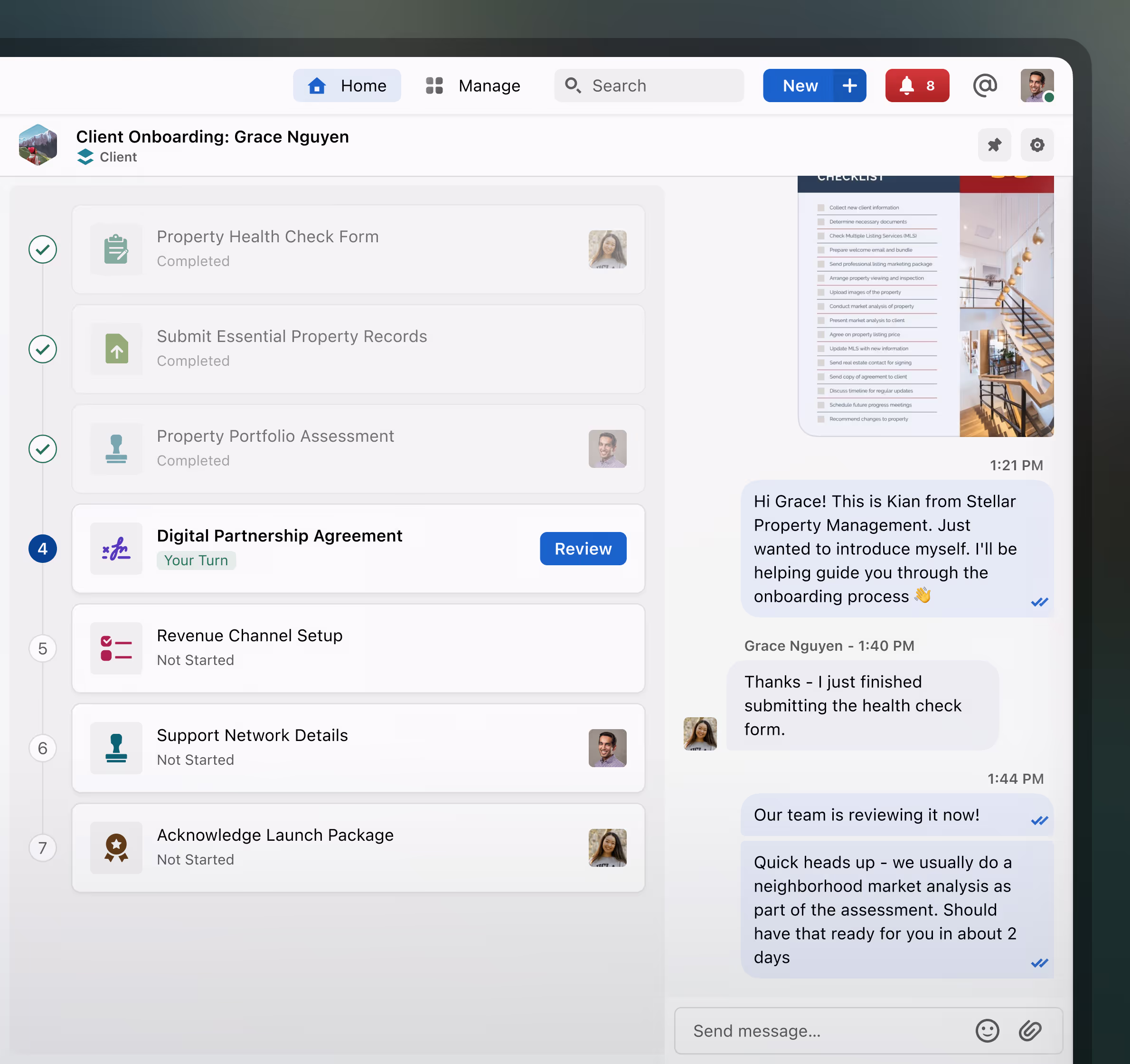 A flow conversation. Consists of an ordered list of assigned action items and a chat panel.