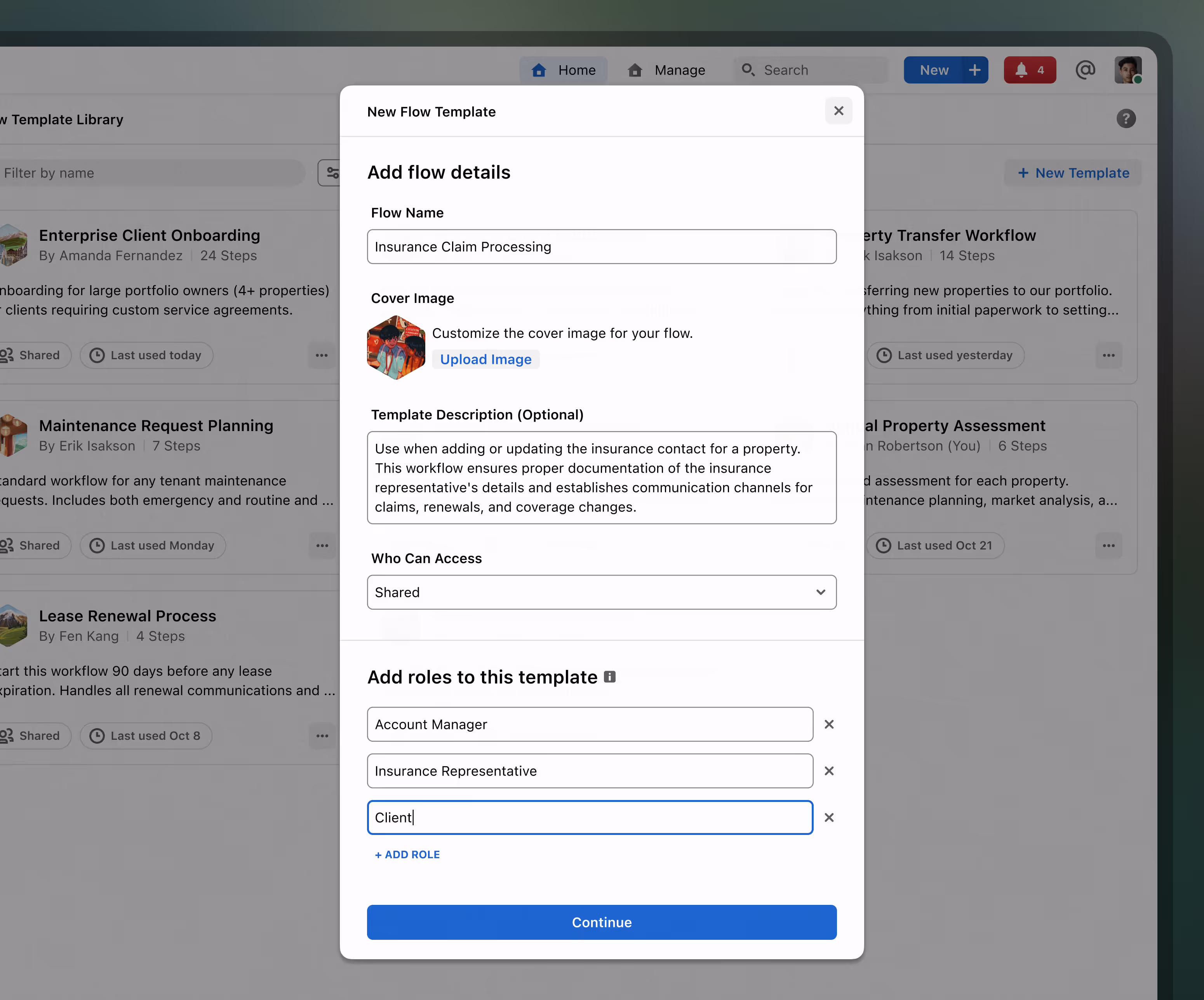 Flow template creation modal with fields for basic details and to define workflow roles.