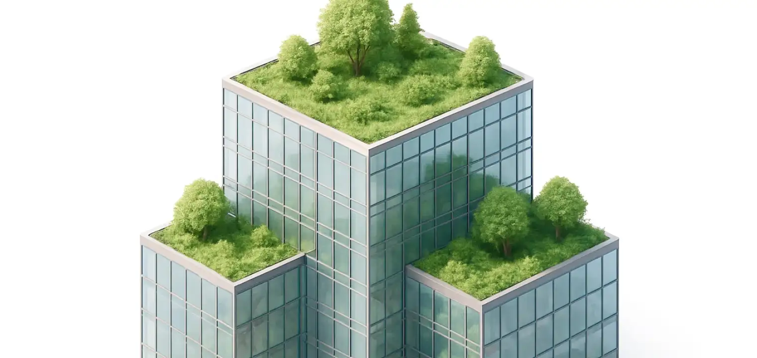 Glass buildings with green rooftop gardens, showcasing sustainable urban architecture