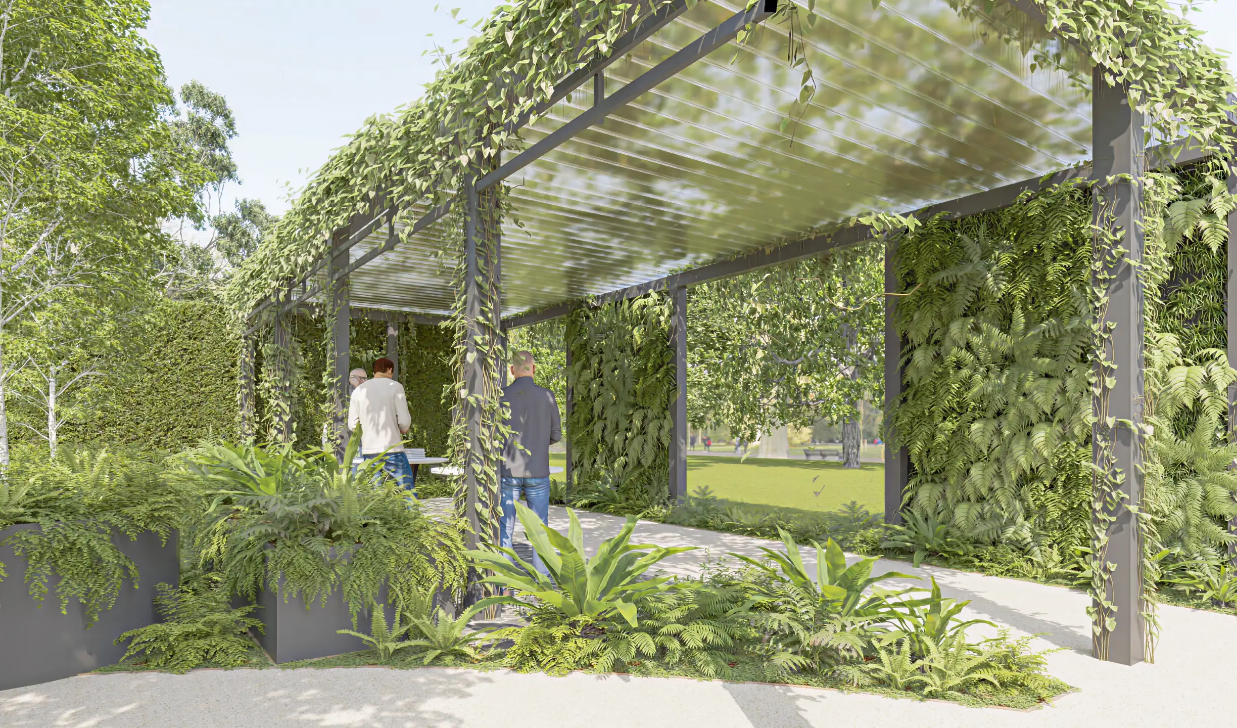 Green pergola with lush plants and people walking on stone pathway