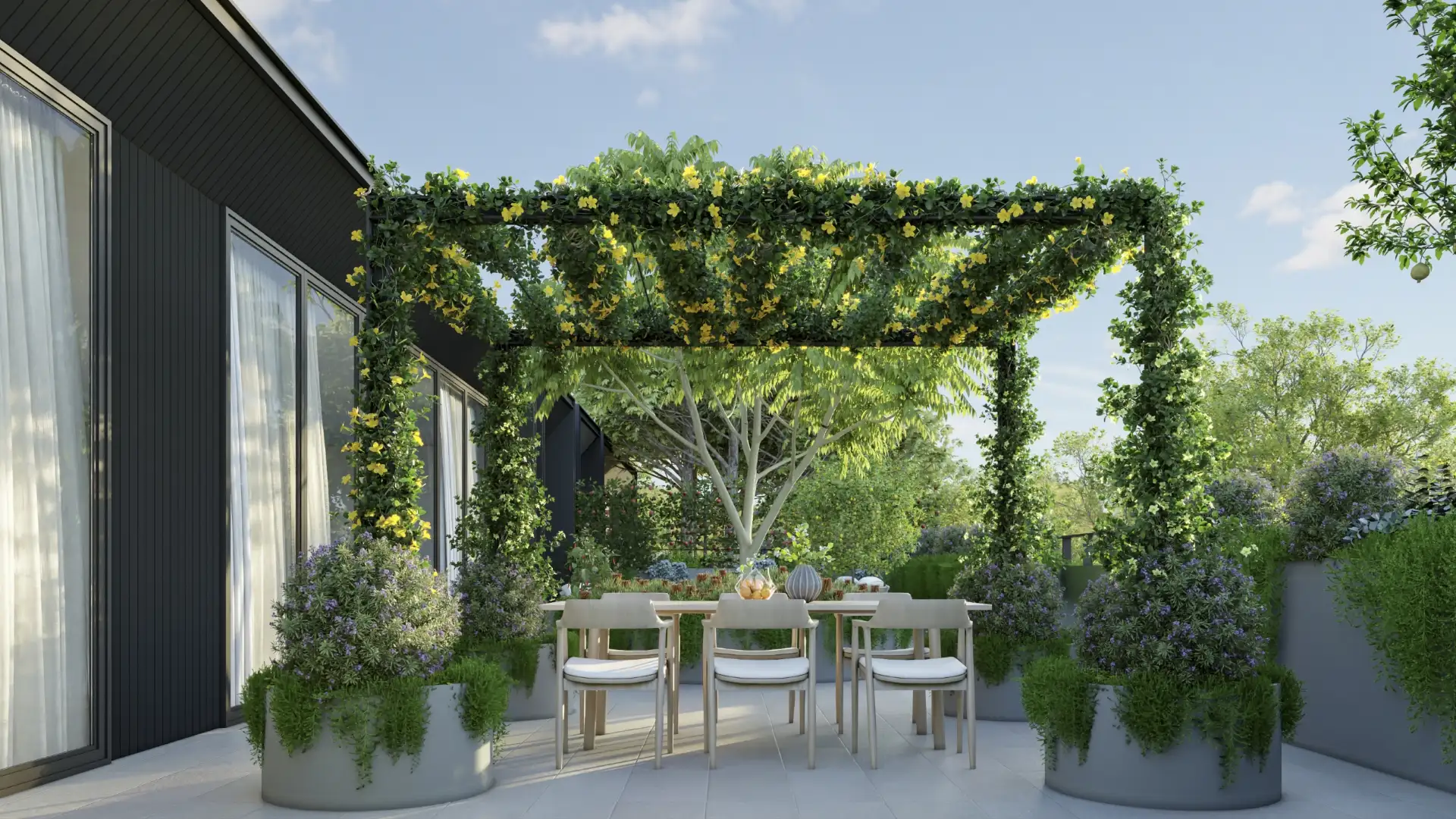 Outdoor dining area with pergola covered in yellow and green flowering vines