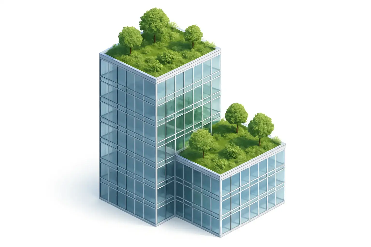 Glass building with green rooftop gardens and trees, sustainable architecture concept