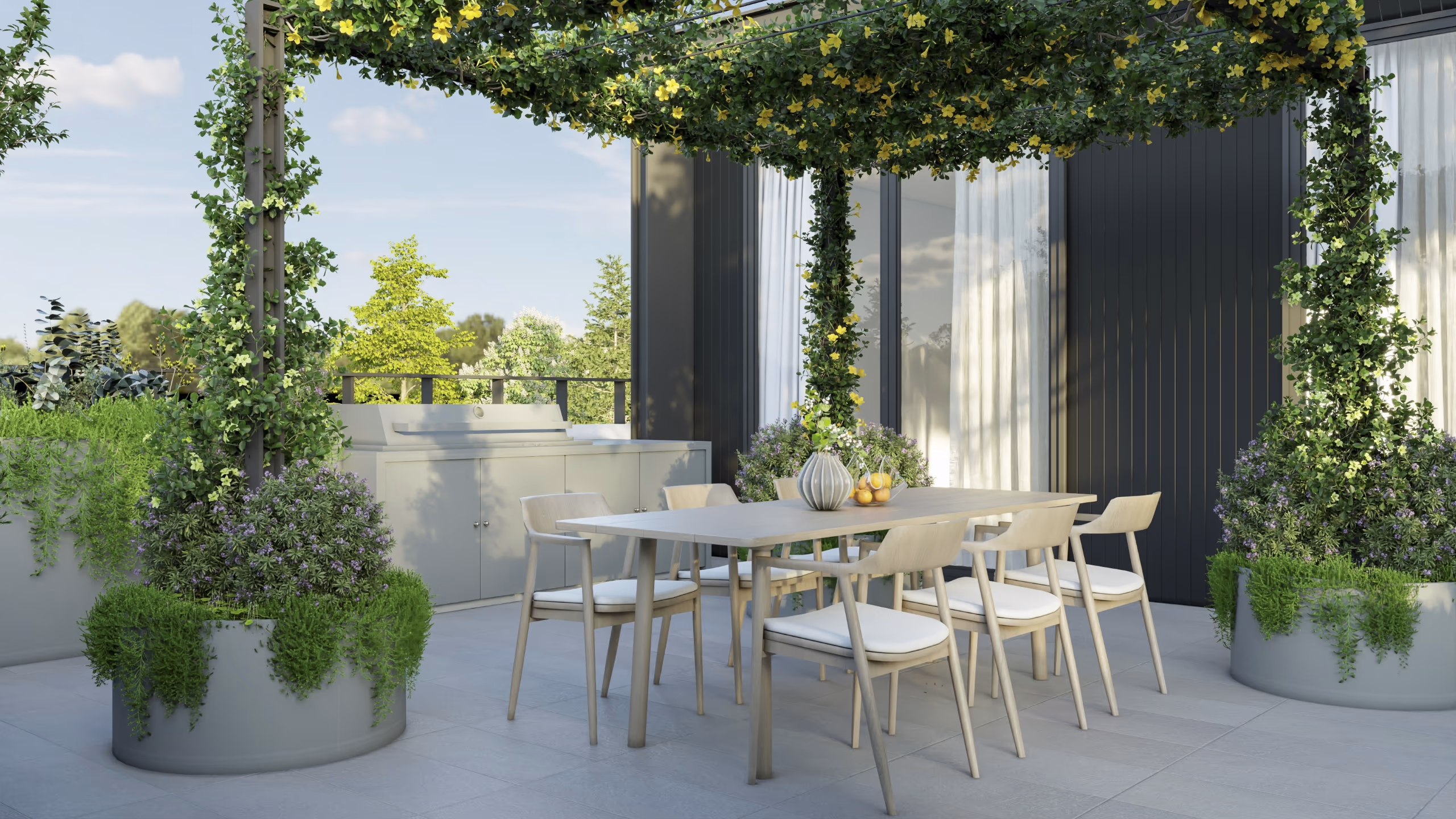 Modern outdoor dining area with flowering pergola and minimalist furniture