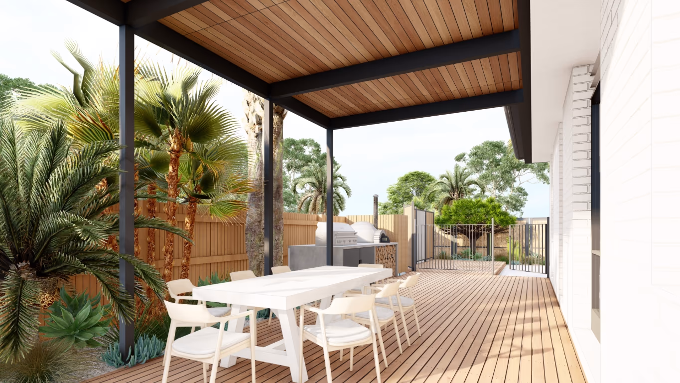 Modern outdoor patio with palm trees, dining table, and built-in grill