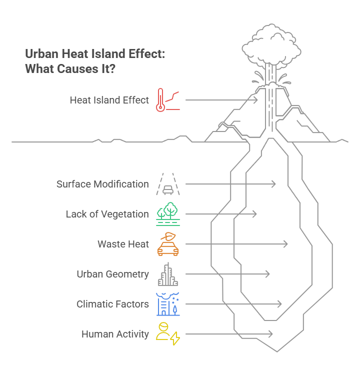 An infographic that illustrates what causes the urban heat island effect