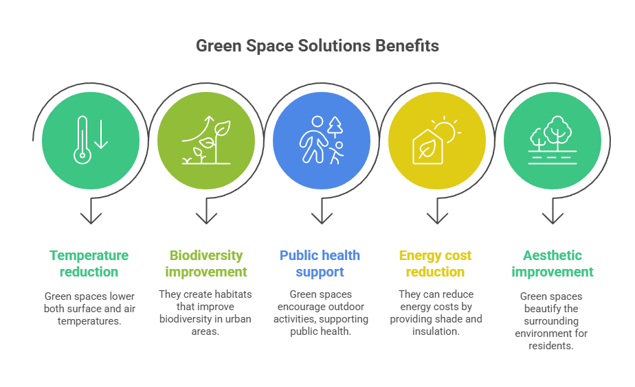An infographic that illustrates green space solution benefits to the urban heat island effect