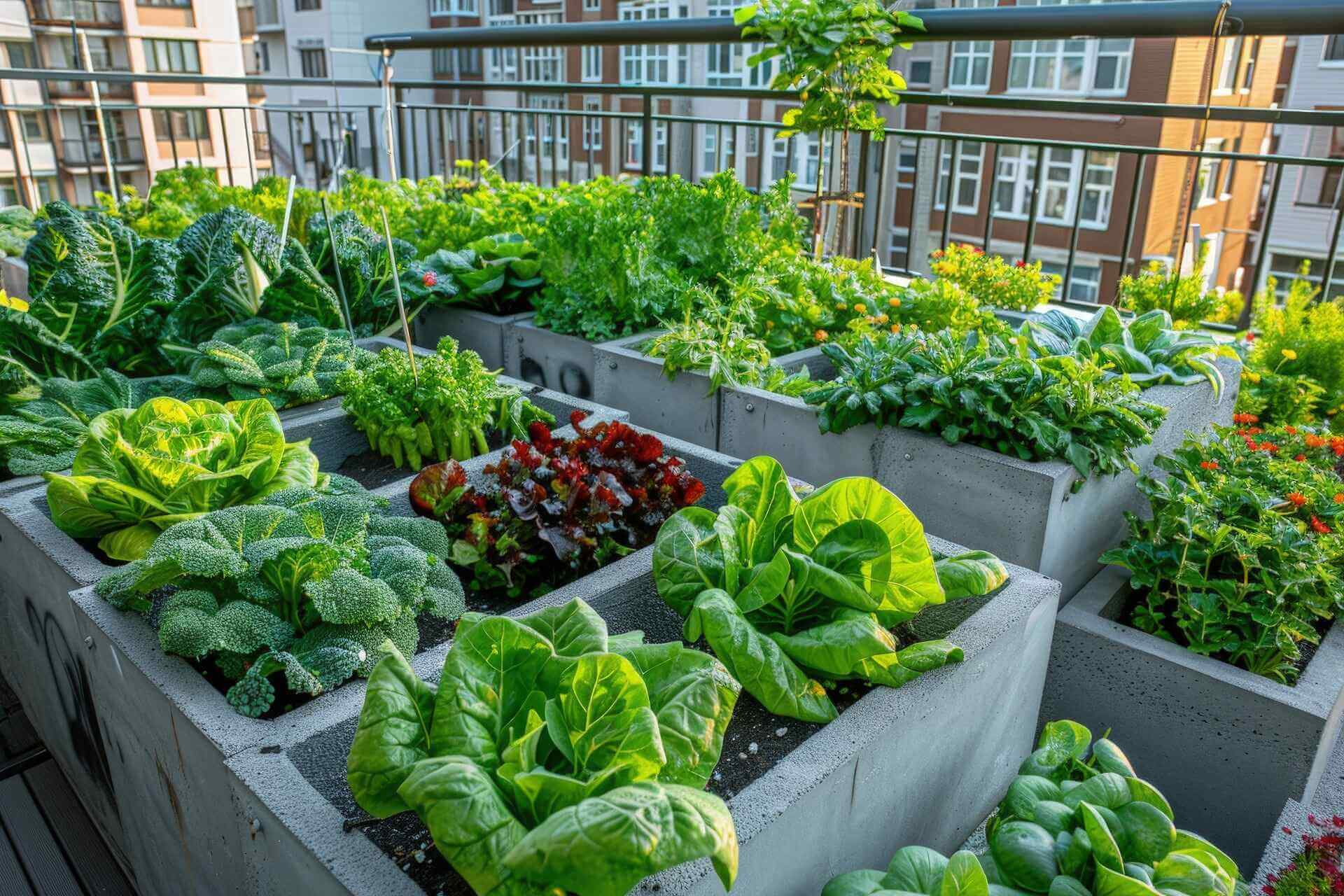 Urban rooftop garden with fresh vegetables and leafy greens in concrete planters