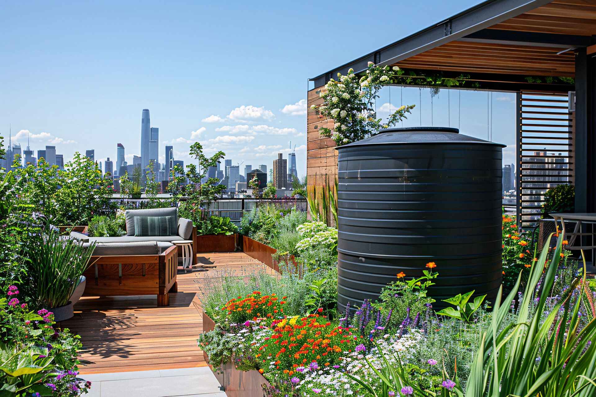 Urban rooftop garden with colorful flowers and city skyline backdrop