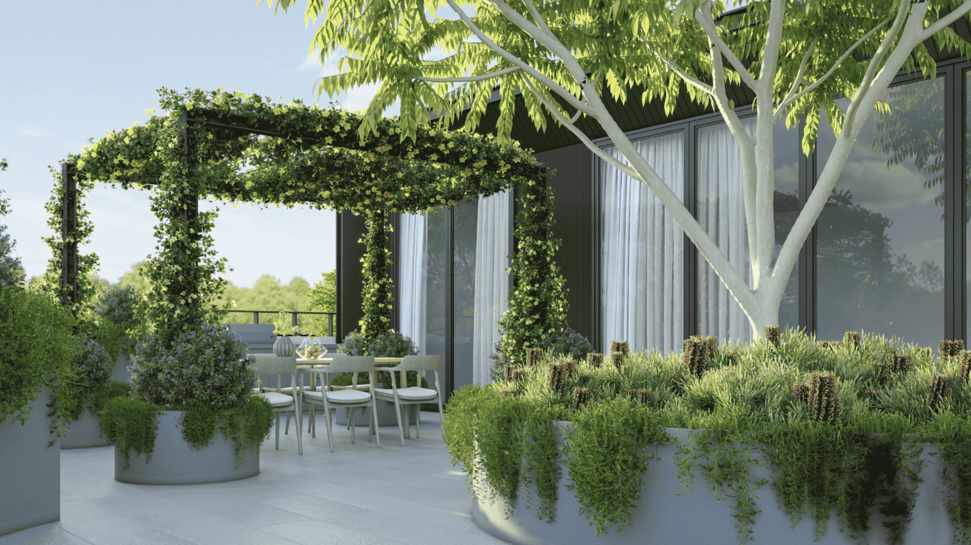 Modern patio with pergola, dining set, and lush green plants and trees