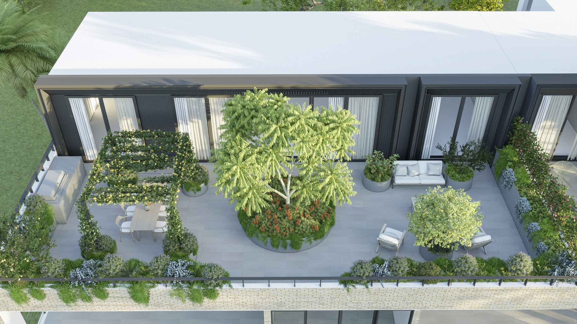 Modern rooftop garden with central tree, seating areas, and lush greenery