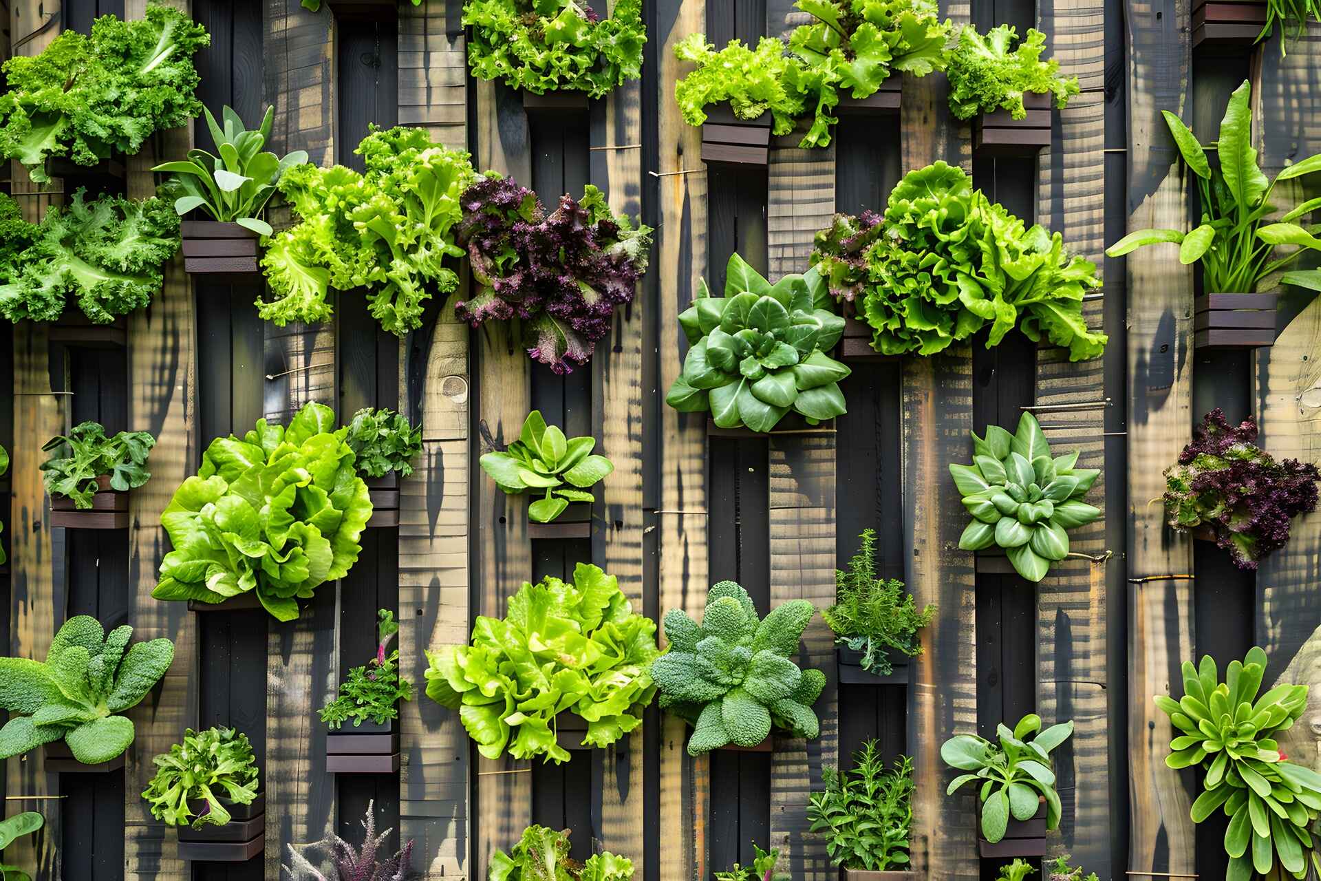 Vertical garden with lettuce, herbs, and leafy greens on wooden wall