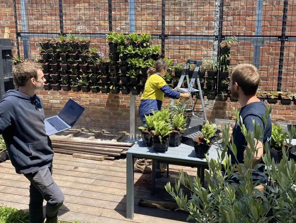 Several workers with an abundance of potted plants