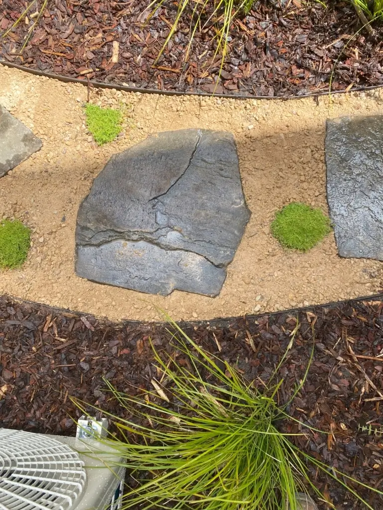 Little bushes scattered on and around a garden footpath