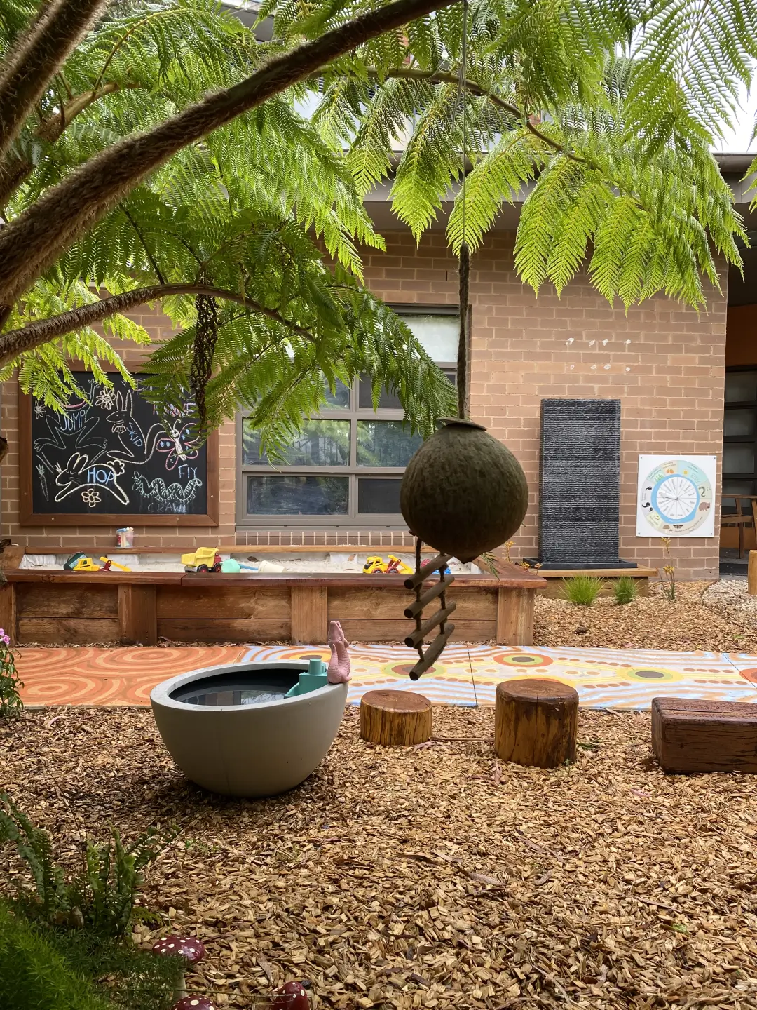Shaded outdoor play area with a water bowl, wooden log seats, Aboriginal-style path art, and a chalkboard wall in front of a brick building.