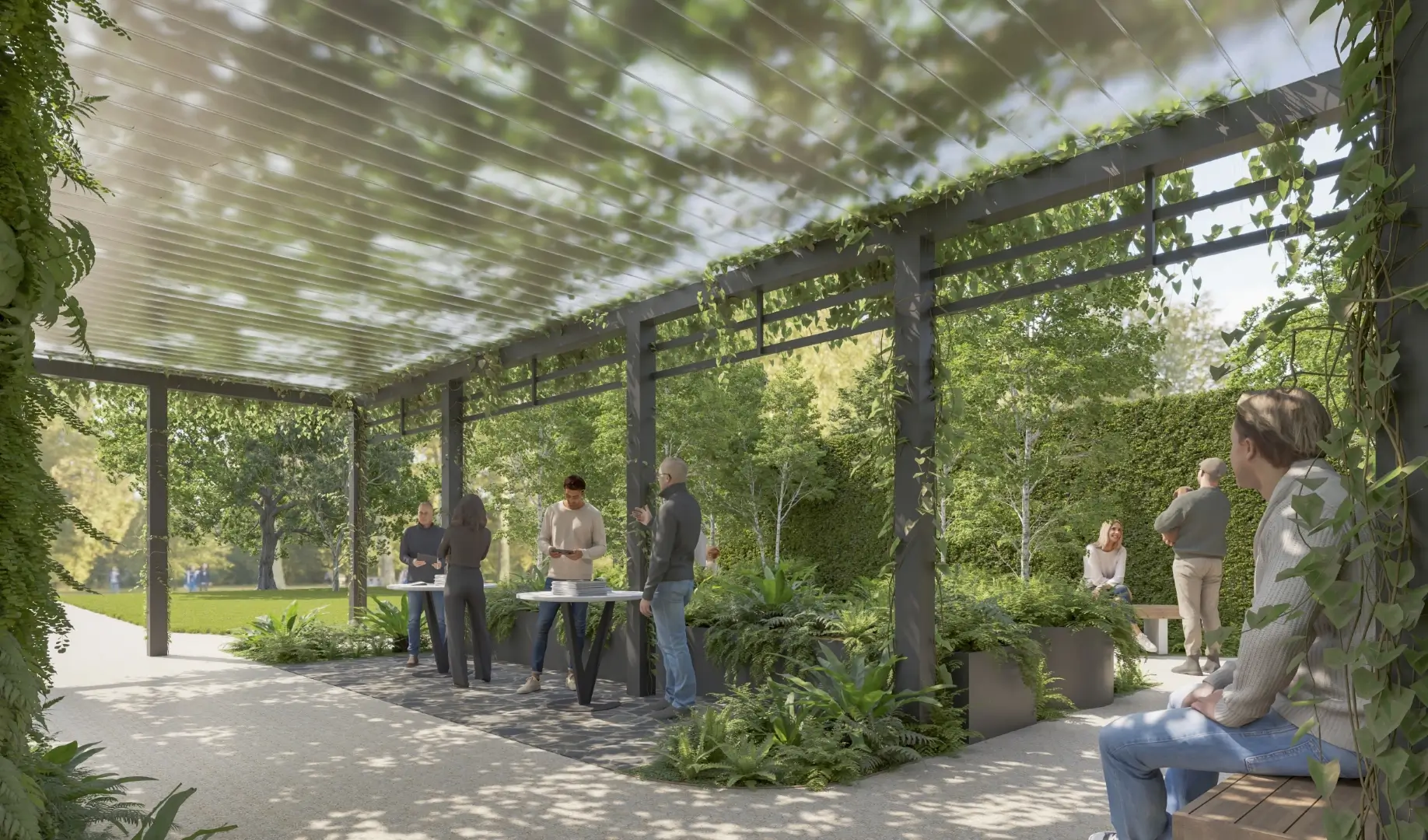 Green pergola with people working and relaxing in a lush garden space