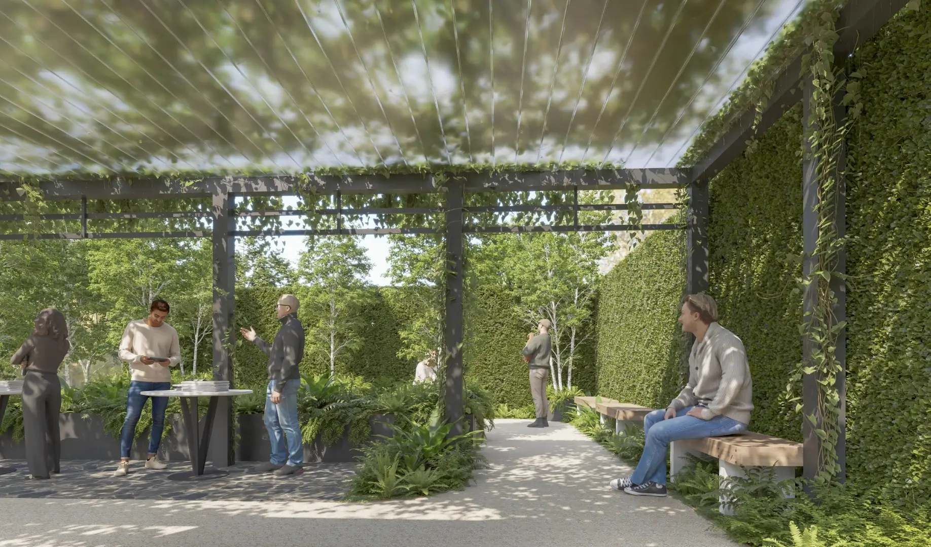 Modern green pergola with people relaxing in lush landscaped outdoor space