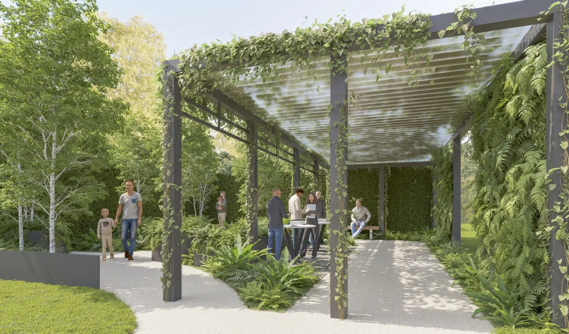 Green pergola with people walking and relaxing in lush garden setting