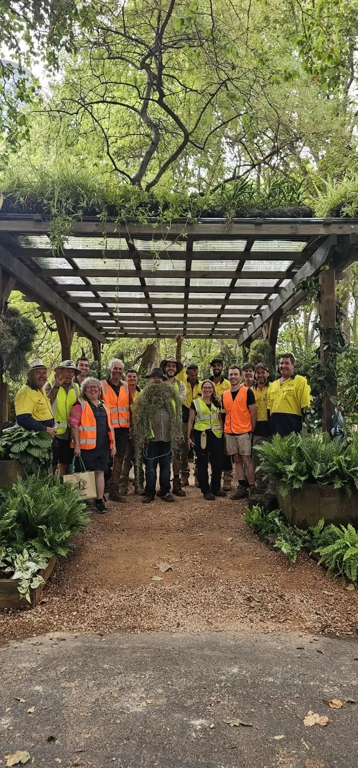 Landscaping team in safety vests posing under green pergola with plants