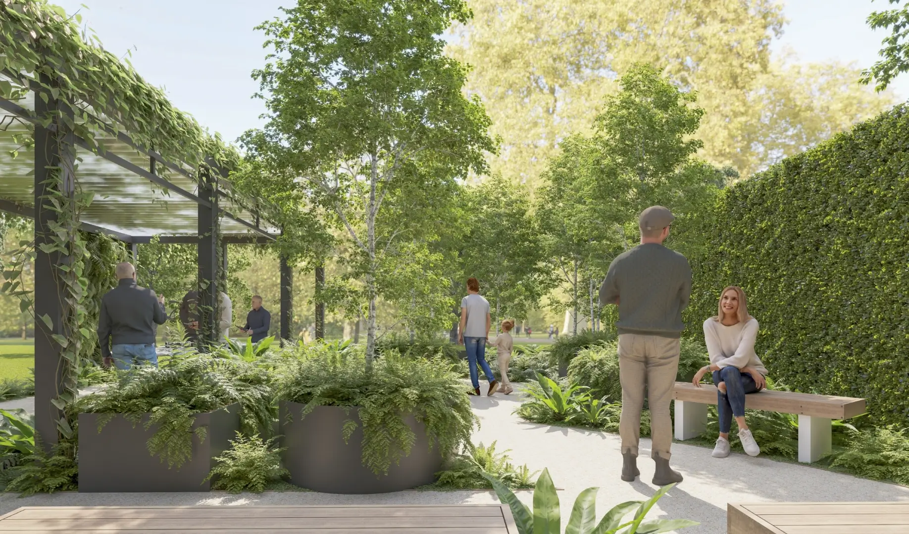 Lush green garden with pergola, plants, and people walking and sitting