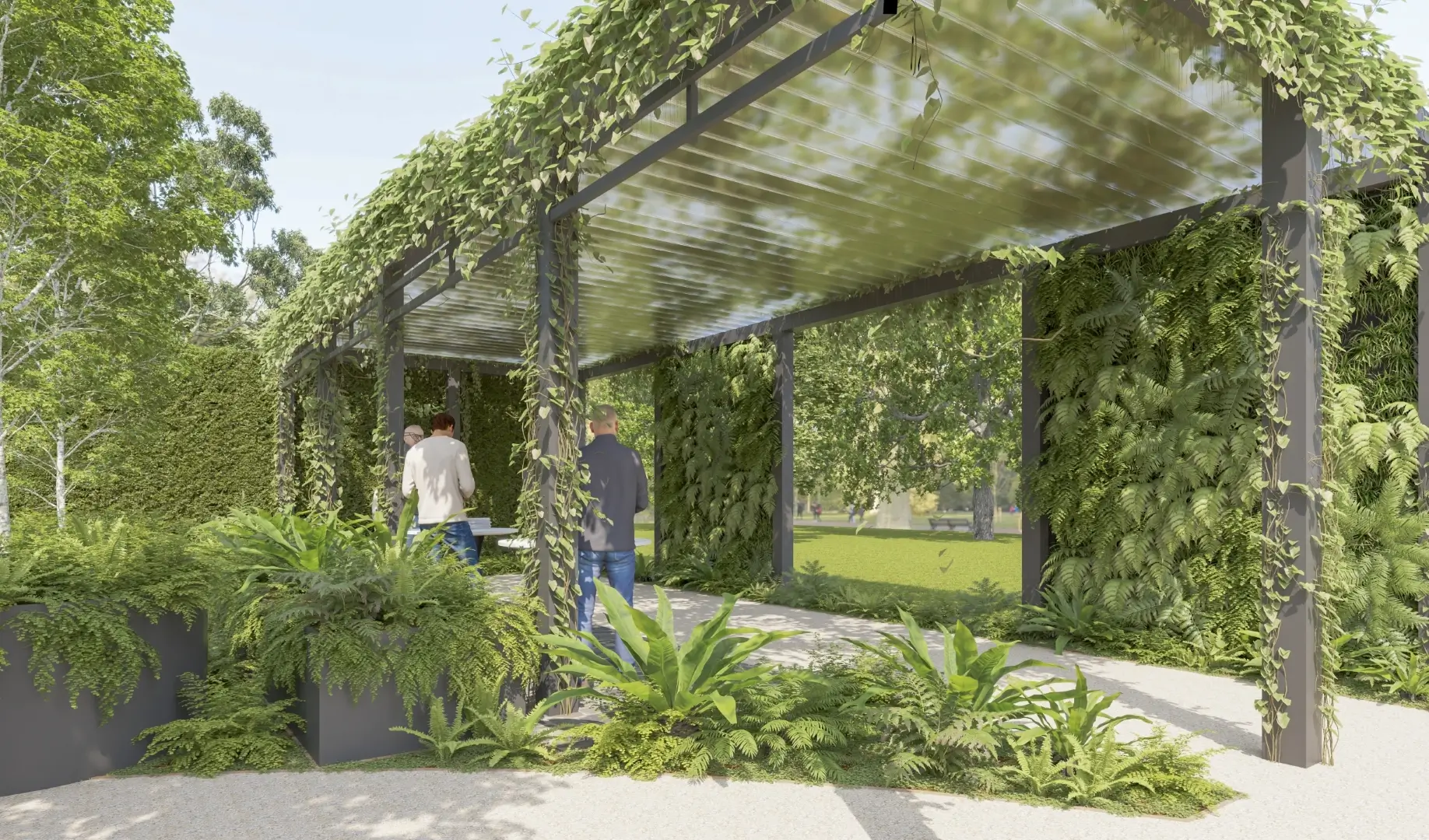 Green pergola with lush plants and walking path in modern garden