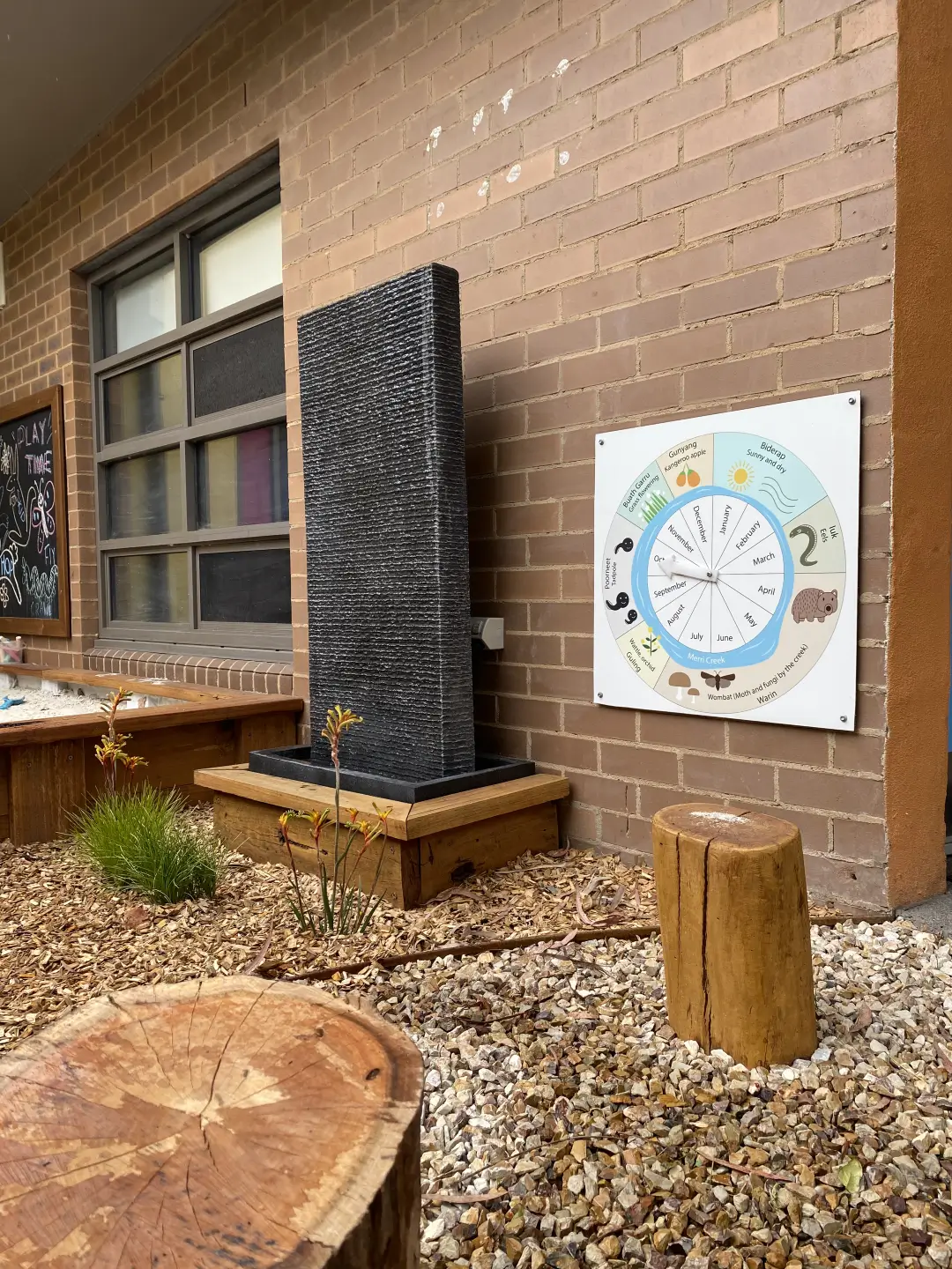 Seasonal calendar poster next to water feature and wooden logs