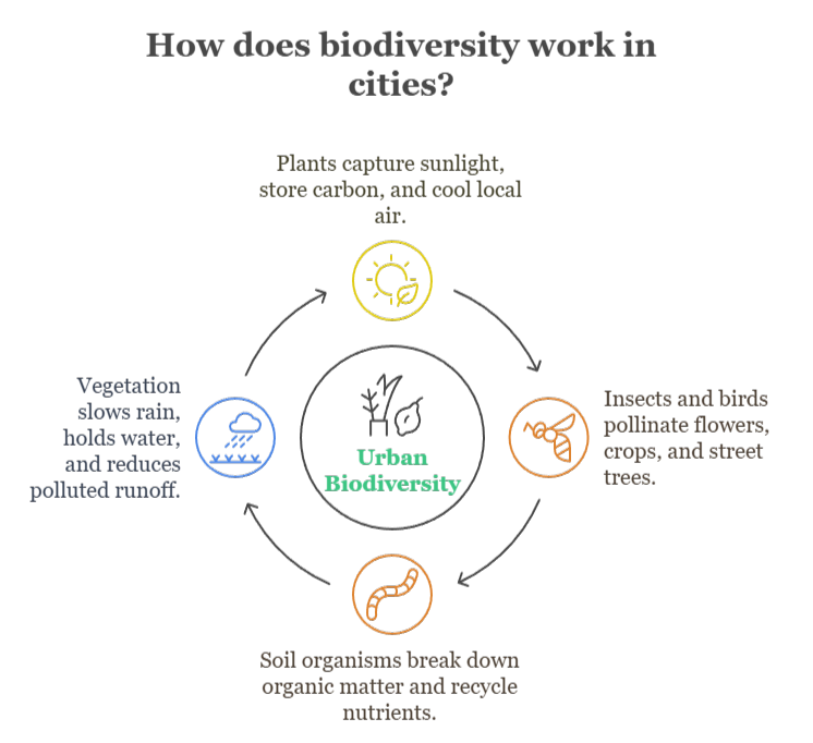 An infographic that illustrates how biodiversity works in cities