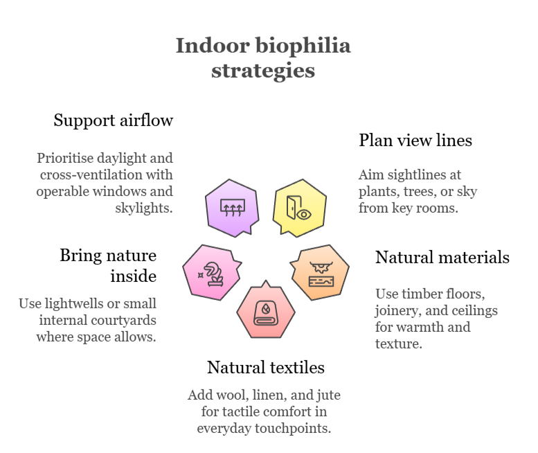 An infographic that illustrates indoor biophilia strategies