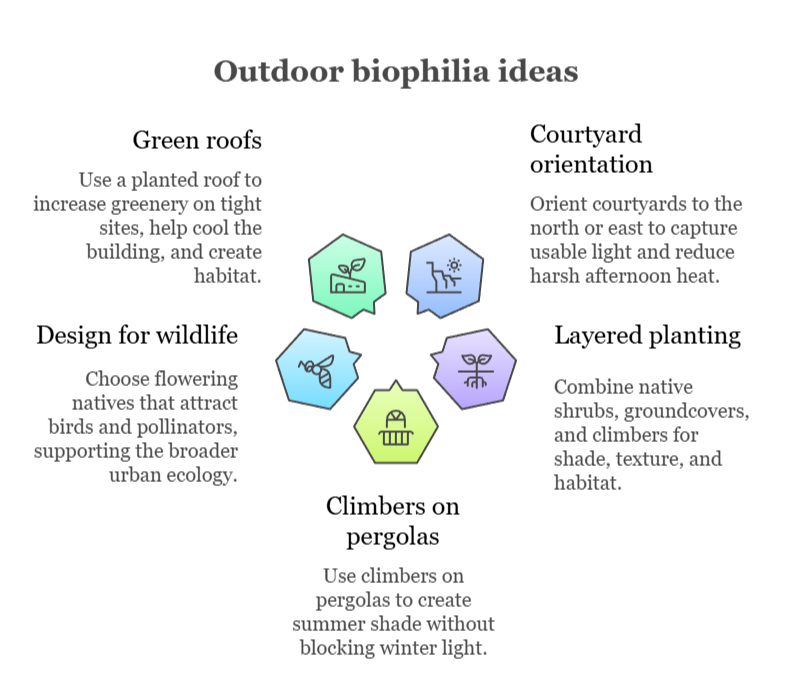An infographic that illustrates outdoor biophilia strategies