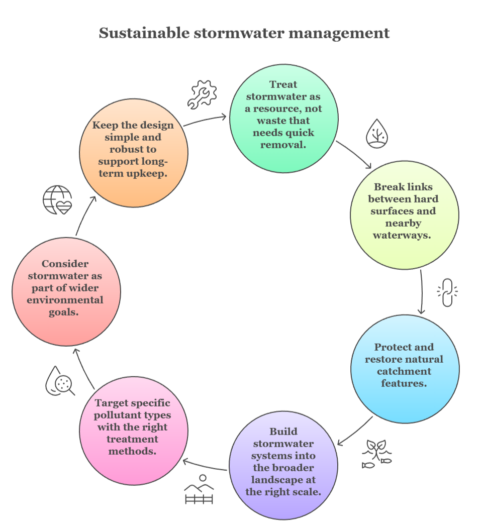 An infographic that illustrates the core principles of Water Sensitive Urban Design