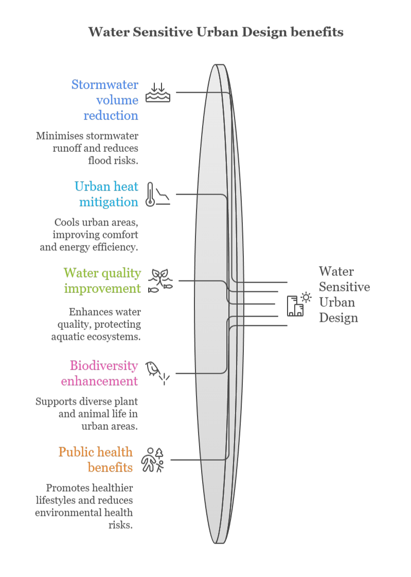 An infographic that illustrates the benefits of Water Sensitive Urban Design