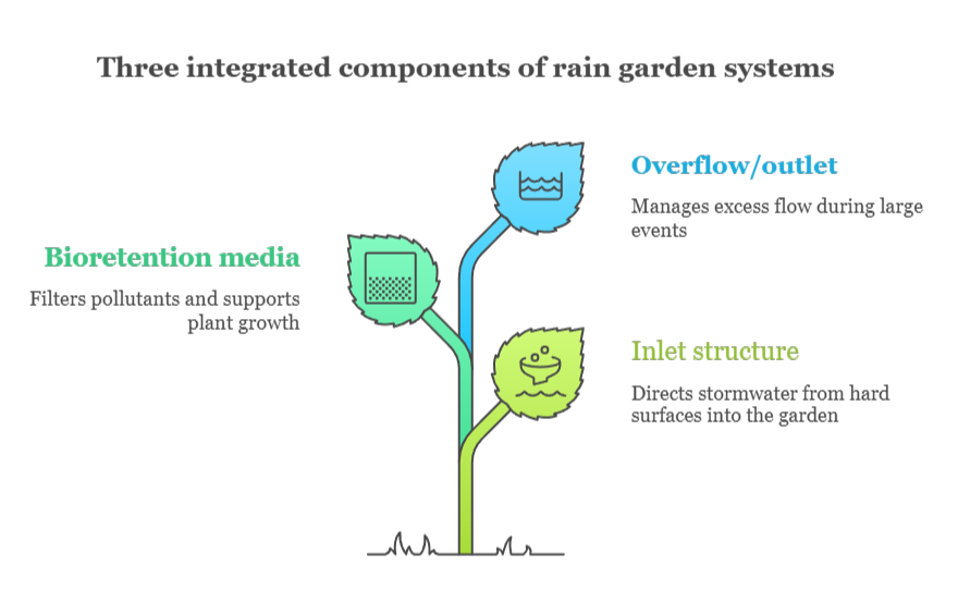 An infographic that illustrates the three integrated components of rain garden systems