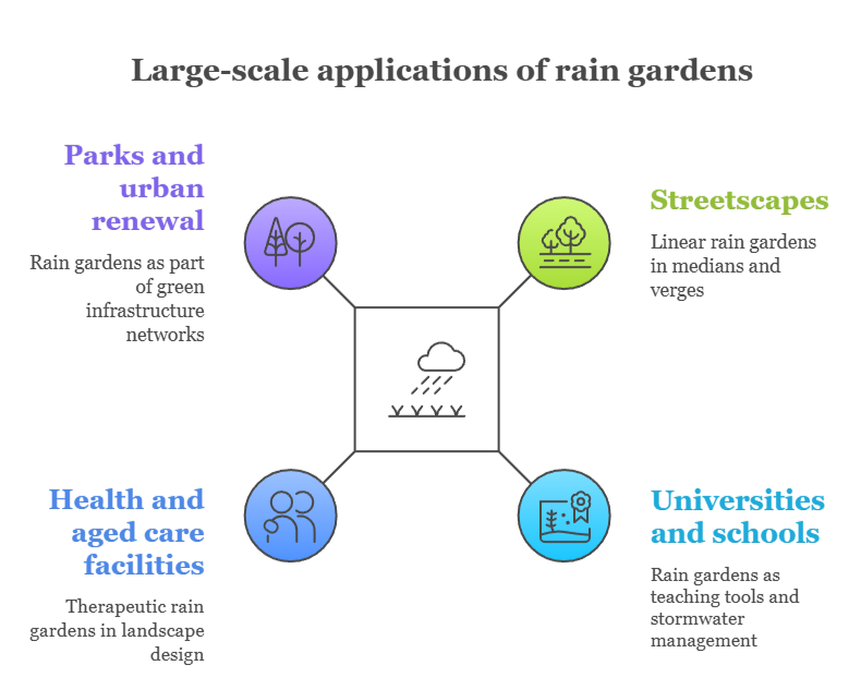 An infographic that illustrates large-scale applications of rain gardens