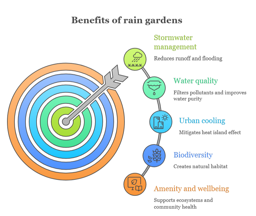 An infographic that illustrates the benefits of rain gardens
