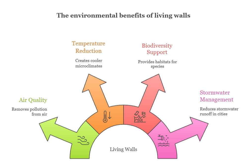 An infographic that illustrates the environmental benefits of living walls