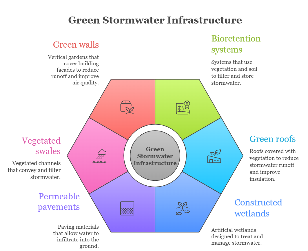 An infographic that illustrates the types of green stormwater infrastructure