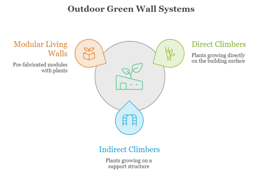 An infographic that illustrates the main types of outdoor green wall systems