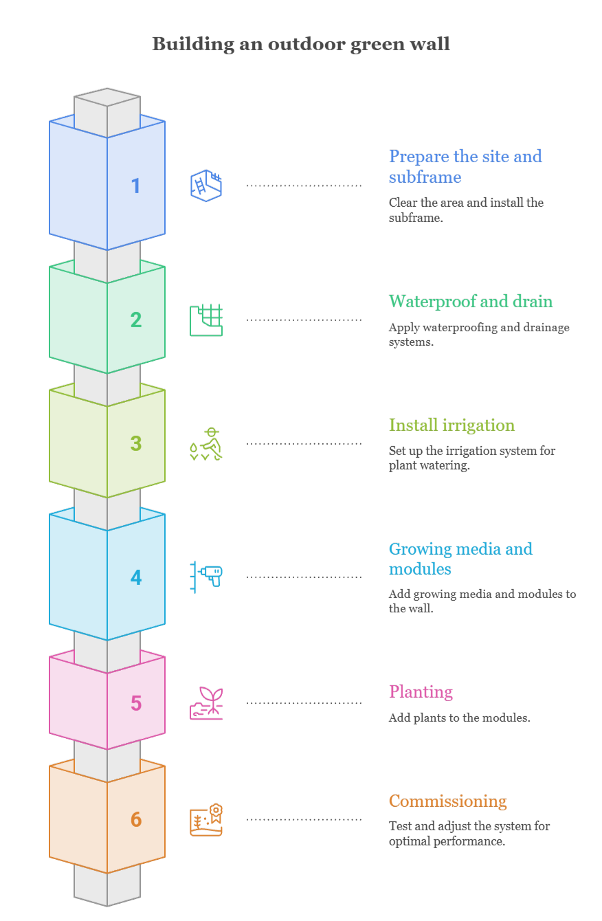 An infographic that illustrates the steps of building an outdoor green wall