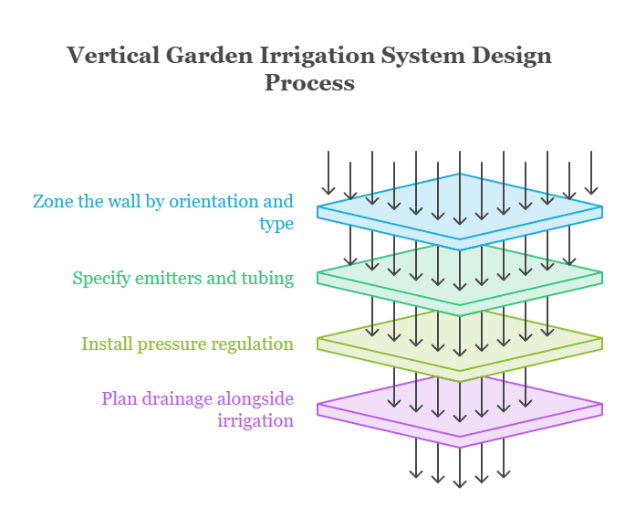 An infographic that illustrates the vertical garden irrigation system design process