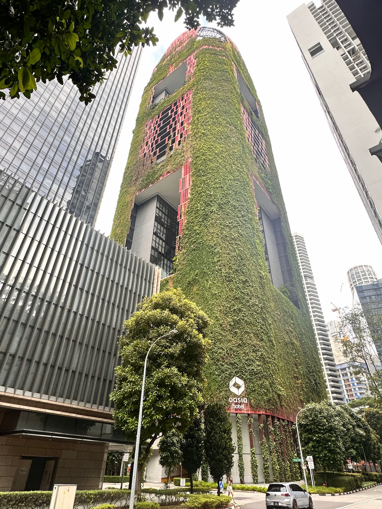 The Oasia Hotel in Tanjong Pagar, Singapore, a tall red-framed tower completely covered in climbing green vines, viewed from street level between neighboring skyscrapers.